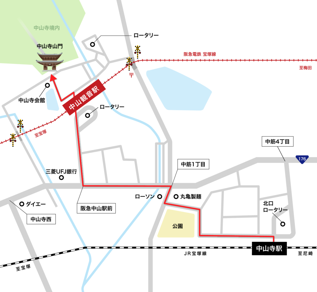 中山寺 駅から徒歩で歩いた場合のアクセス図
