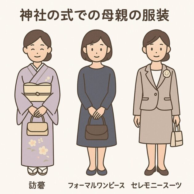 お宮参りのママの服装の選択肢（和装・洋装・スーツ）比較図