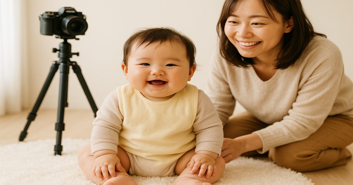 カメラに向かって笑顔を見せる赤ちゃんとサポートする母親