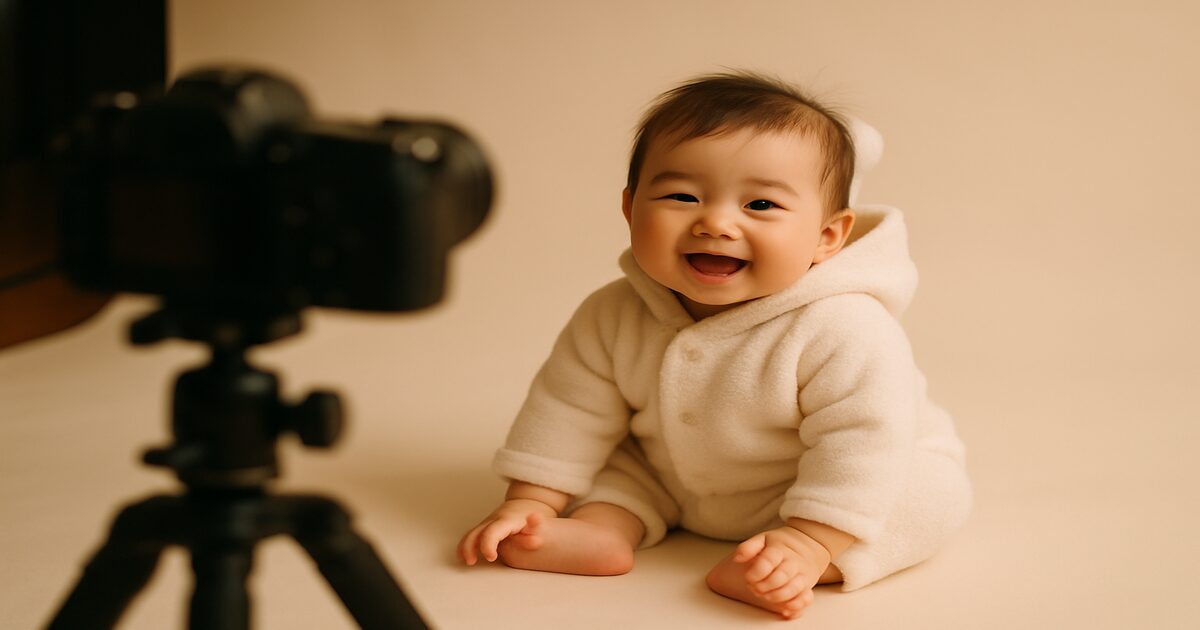 スタジオで撮影される笑顔の赤ちゃんモデル
