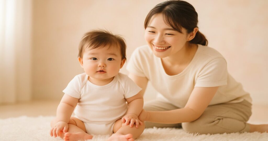白いラグの上に座るかわいい赤ちゃんとそばに寄り添う母親