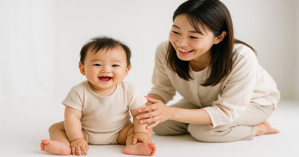 スタジオでカメラに向かって笑顔を見せる赤ちゃんと母親