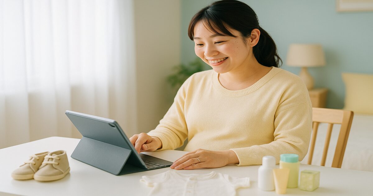 ノートパソコンでAmazonらくらくベビーの出産準備リストを作る妊婦さん