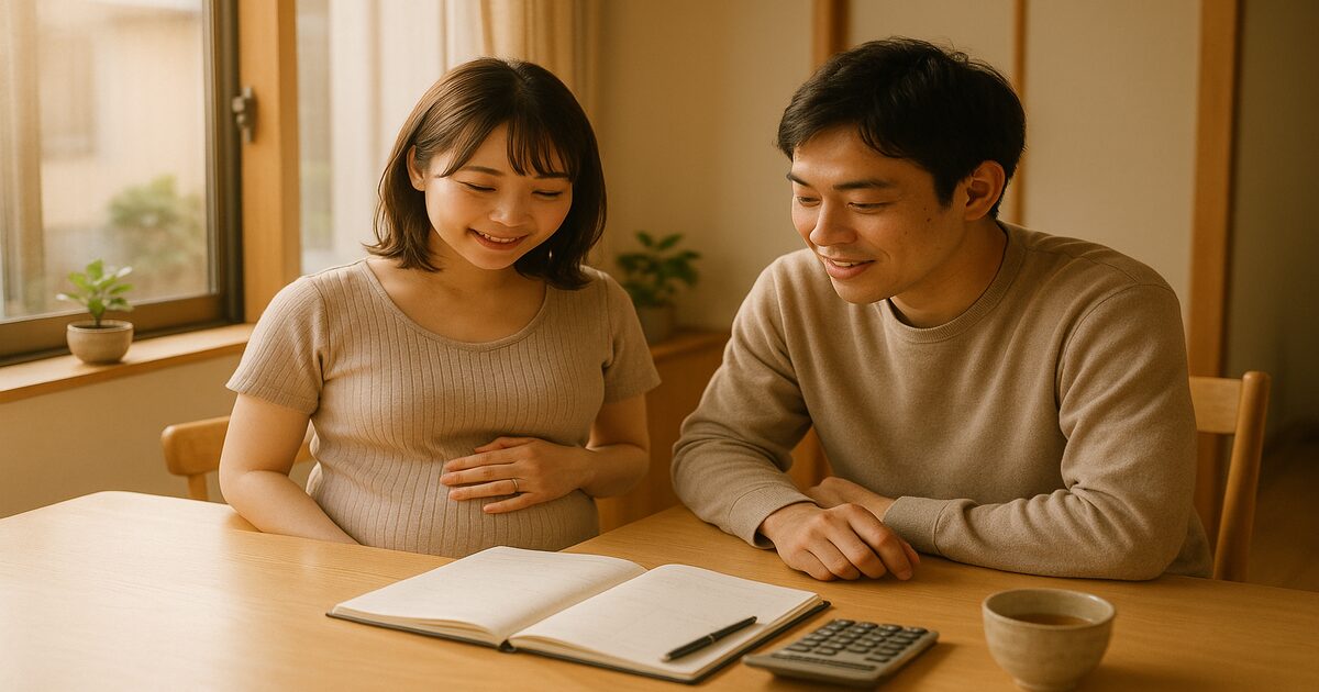 妊婦さんと夫が出産費用の書類を確認している様子