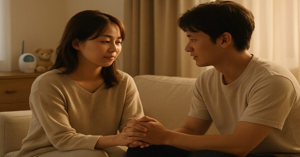 ソファで向き合い手を取り合って仲直りする若い夫婦