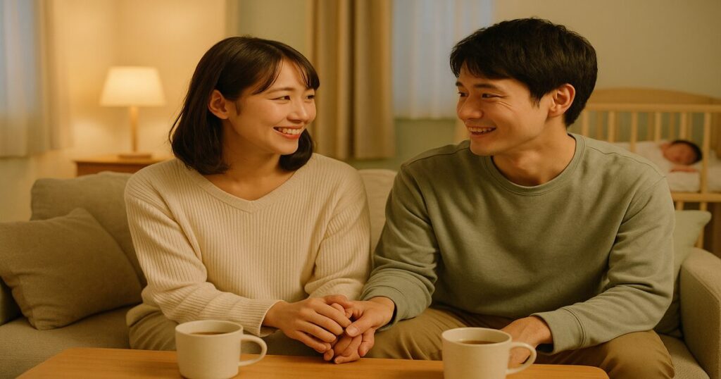 ソファで向き合って話す若い夫婦、背景に眠る赤ちゃん