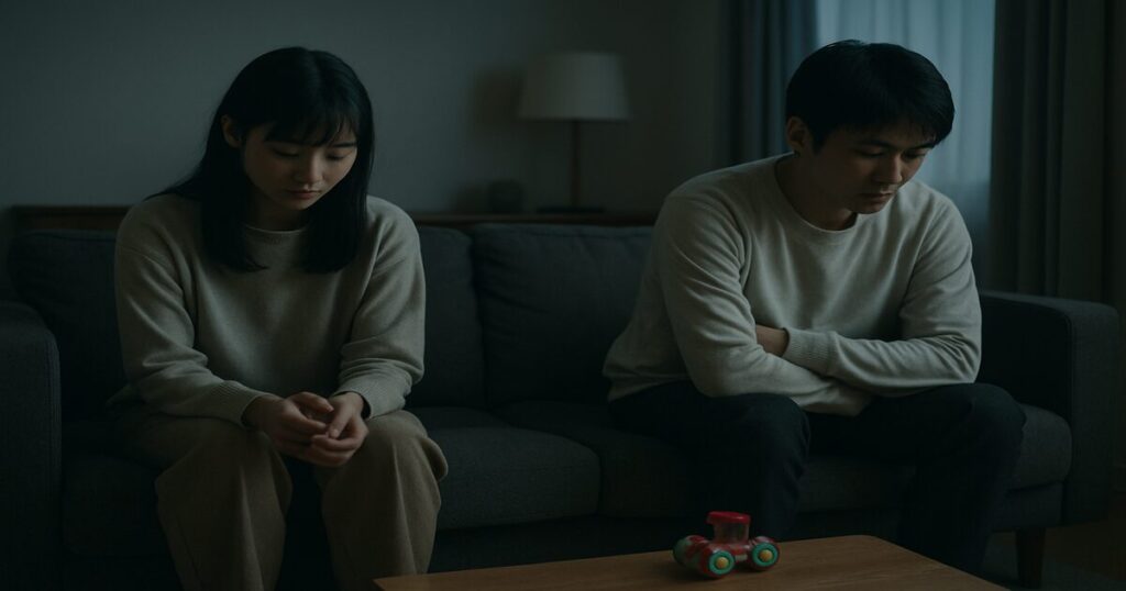 ソファの両端に離れて座り無言でいる若い夫婦、床に子どものおもちゃ