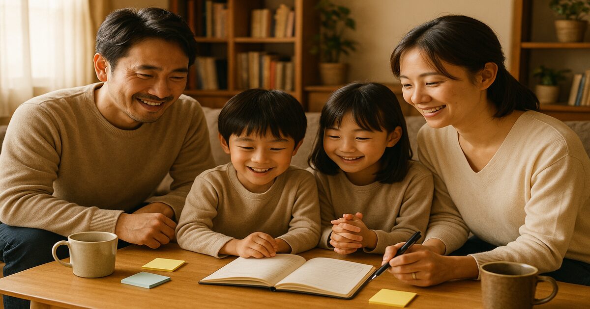 家族がテーブルを囲んで家族会議をしている様子の写真