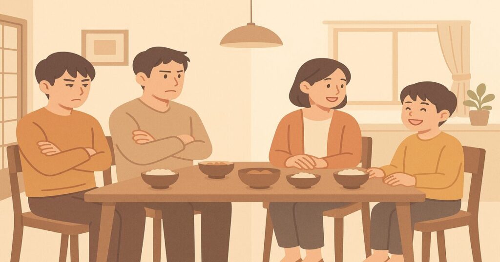 仲が悪い家族の改善 家族が食卓で笑顔になるイラスト