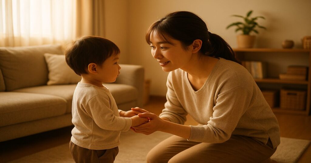 子どもと目線を合わせて穏やかに話しかける母親