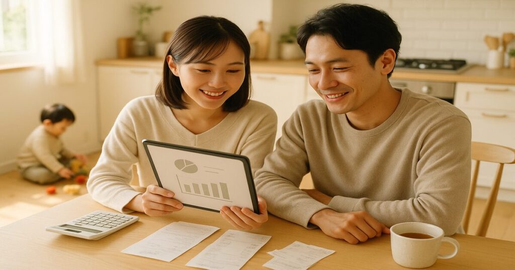 夫婦でキッチンテーブルで家計を確認している様子