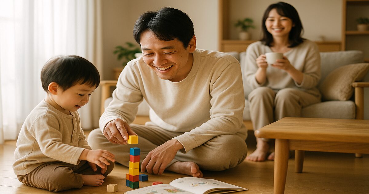 パパが子どもと積み木で遊ぶ温かい家族の様子