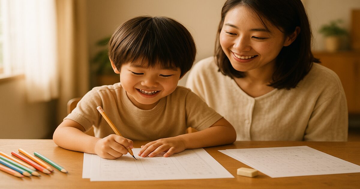 プリントに楽しそうに取り組む子どもと見守る母親