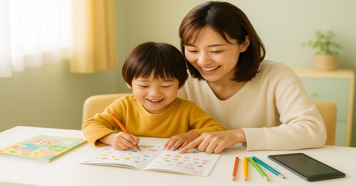 お母さんと幼い子どもが一緒に通信教育のワークに取り組む様子