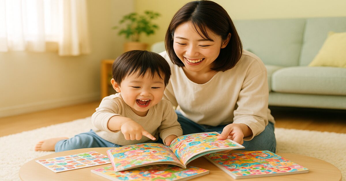 ラグの上で幼児雑誌を一緒に読む母親と子ども