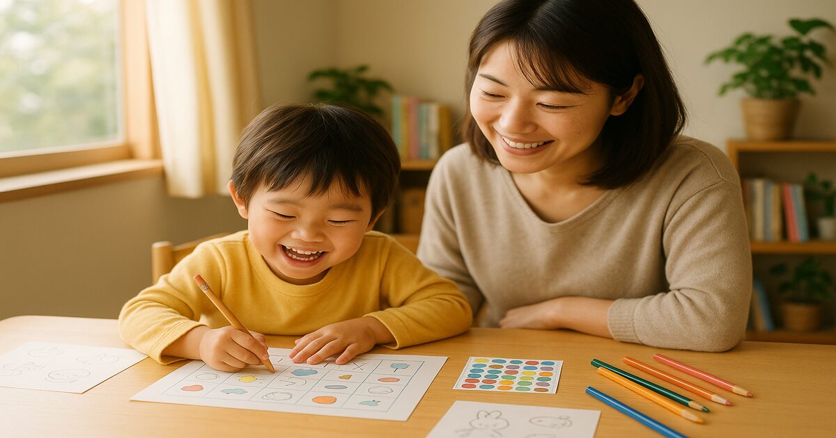 母親と幼児が一緒に机でプリント学習している様子