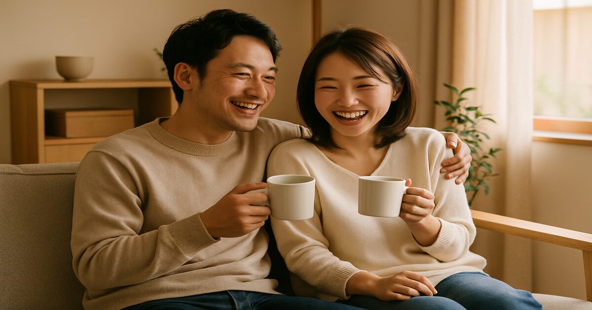 ソファでコーヒーを飲みながら笑顔で話す仲良し夫婦の写真