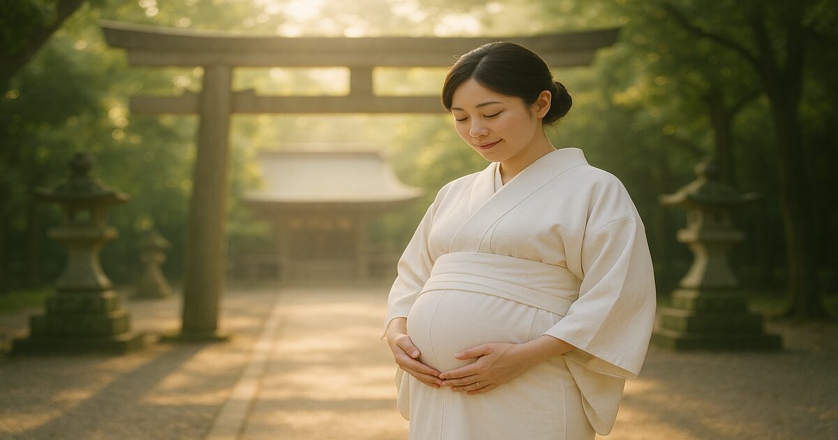 神社の鳥居の前で安産祈願する妊婦