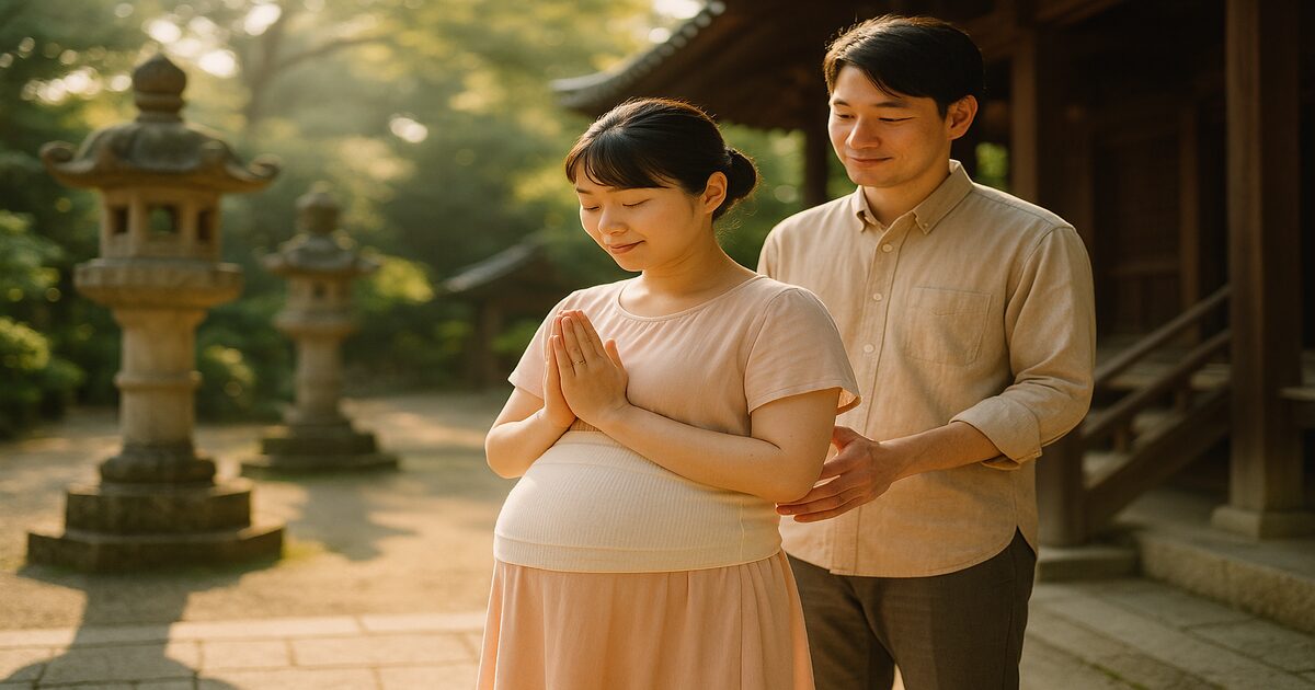 中山寺の境内で夫に寄り添われながら安産祈願をする妊婦さん
