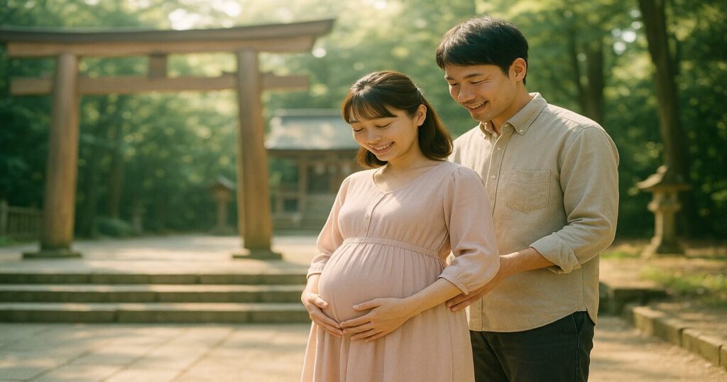 神社で安産祈願をするマタニティの夫婦