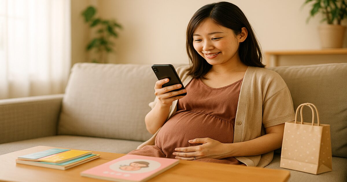 スマートフォンで妊娠情報を調べる妊婦さんと雑誌・プレゼント