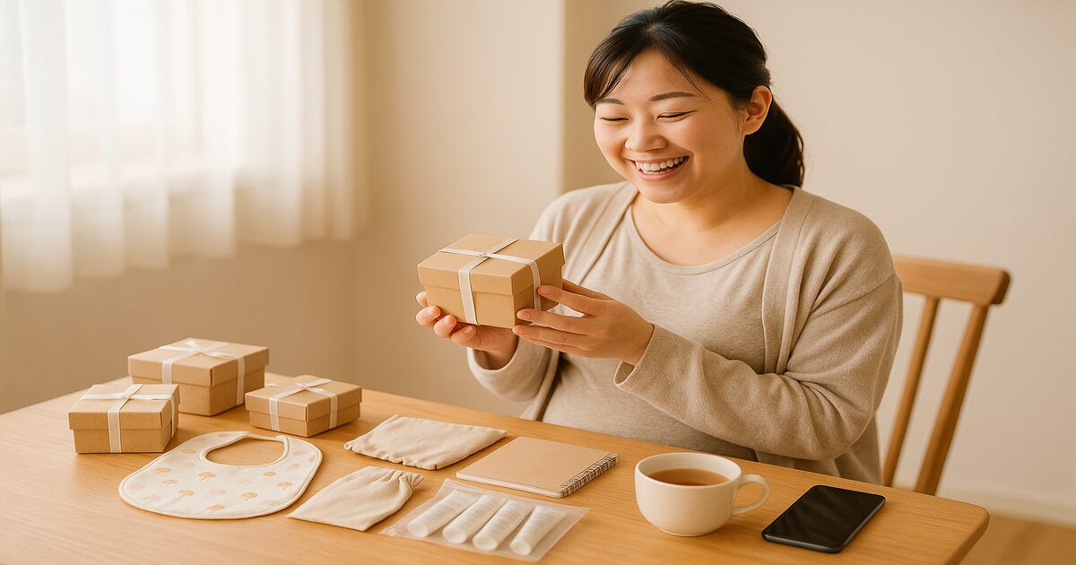 無料プレゼントを受け取って喜ぶ妊婦さんとベビーグッズのサンプル