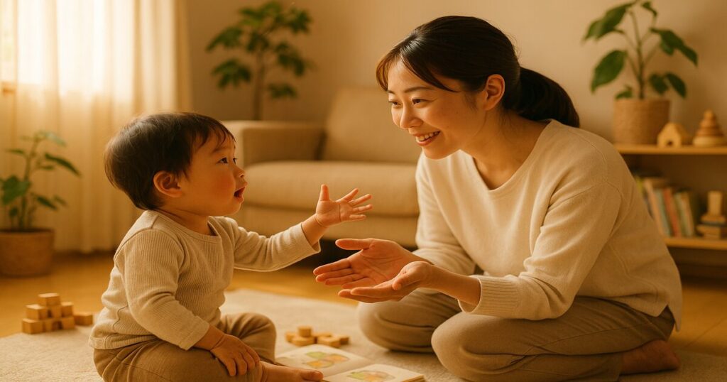 お母さんが子どもの目線に合わせてしゃがみ、笑顔で話しかけている様子