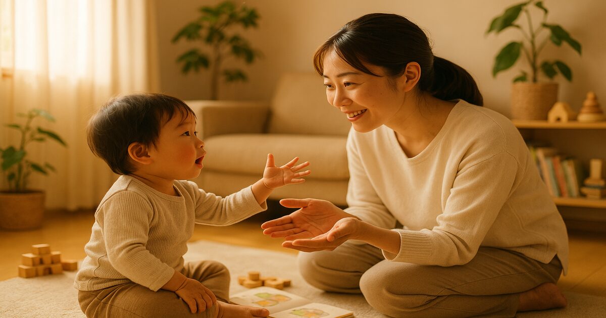 お母さんが子どもの目線に合わせてしゃがみ、笑顔で話しかけている様子