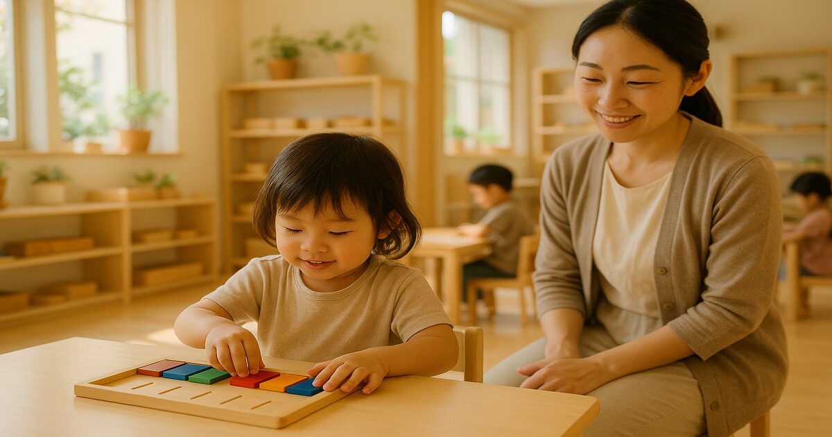 モンテッソーリ教室で木製教具に集中して取り組む子ども