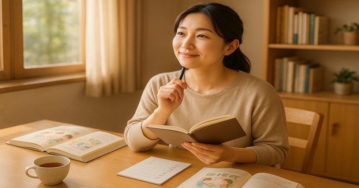 モンテッソーリ教育について調べながらノートに書き込む母親