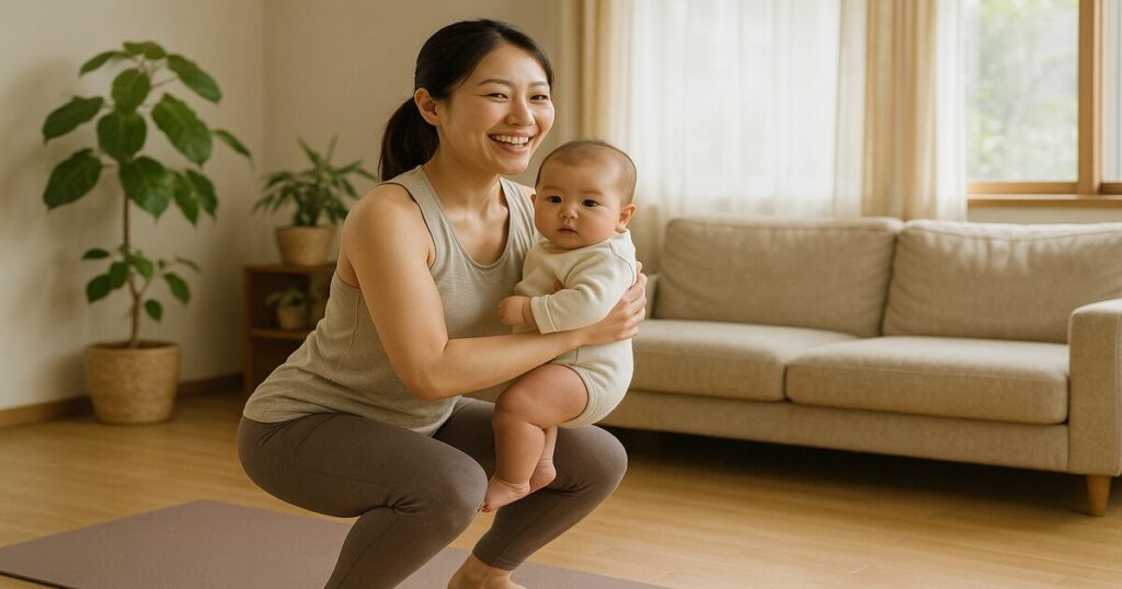 産後ママが赤ちゃんと一緒に自宅で筋トレをしているイメージ