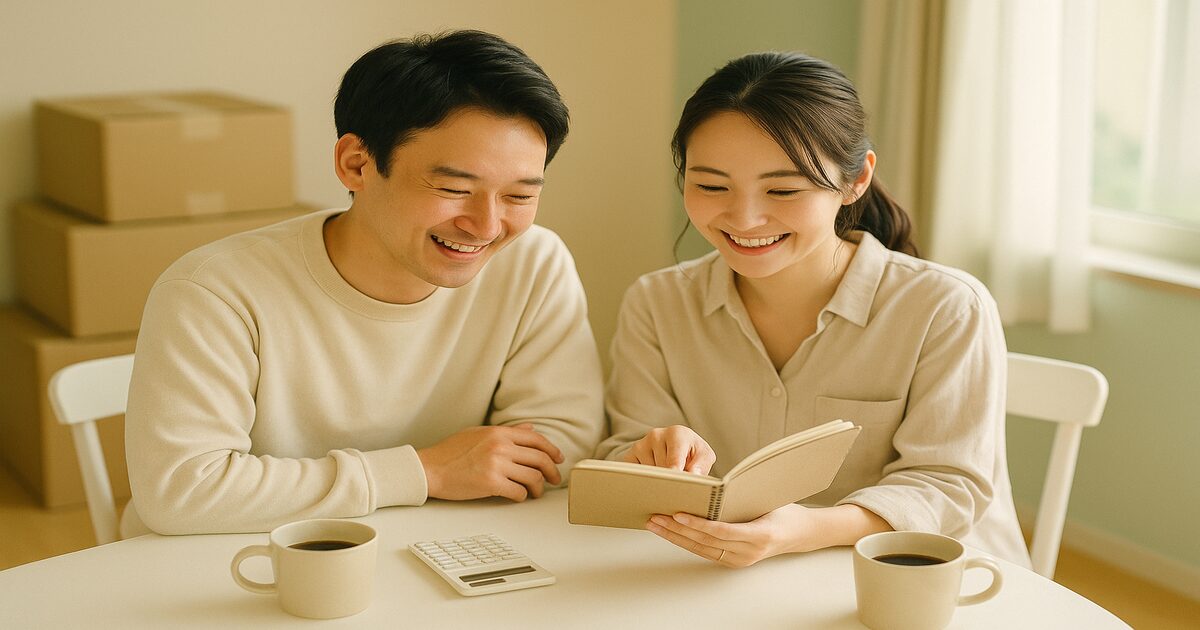 新婚夫婦がダイニングテーブルで家計の予算を確認している様子