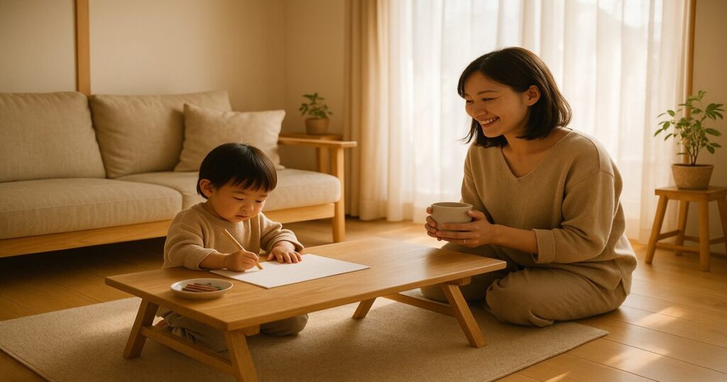 ニトリ折りたたみテーブル ラポールが置かれた子育て家庭のリビング