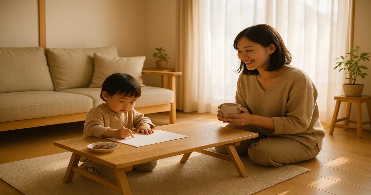 ニトリ折りたたみテーブル ラポールが置かれた子育て家庭のリビング