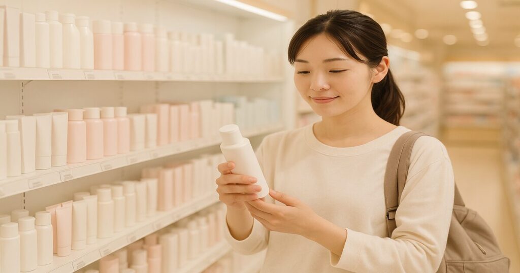 ドラッグストアでスキンケア商品を手に取る若い母親