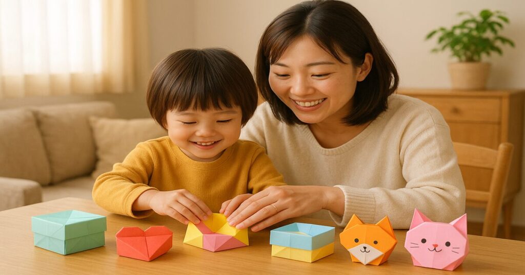 折り紙の箱 親子で作る 正方形・ハート・動物
