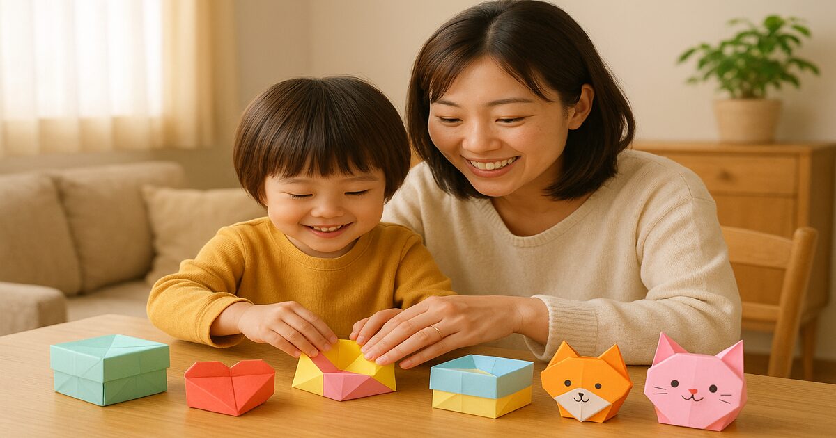 折り紙の箱 親子で作る 正方形・ハート・動物