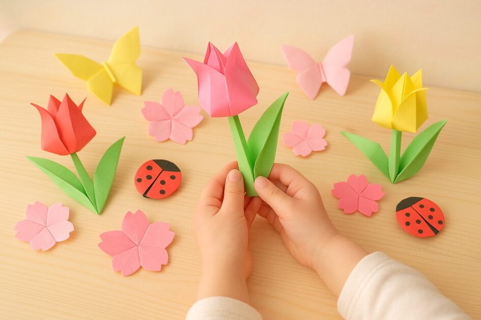 春の折り紙 チューリップ・桜・ちょうちょ・てんとう虫