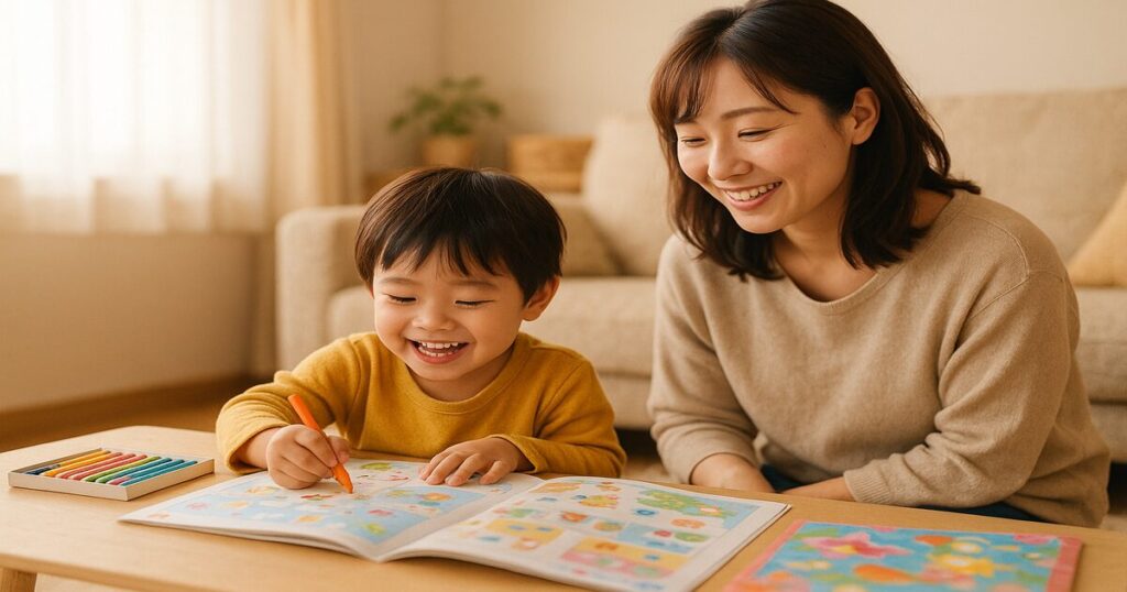 家庭で通信教育の教材に取り組む子どもと見守る母親