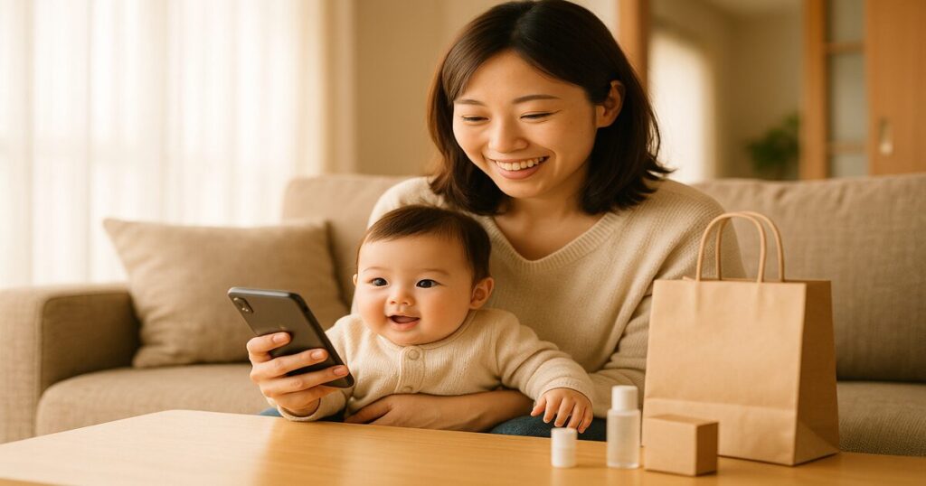 スマートフォンで楽天ママ割を確認するママと赤ちゃん