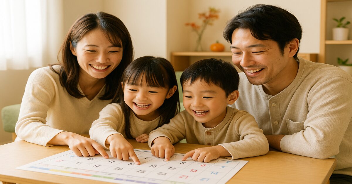 家族みんなで年間カレンダーを囲んでイベントを計画している様子
