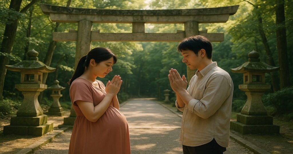 木立の参道で、手を合わせて安産を祈る妊婦さんと夫