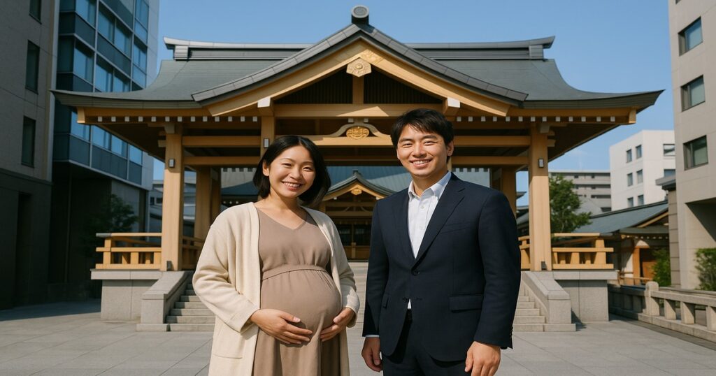 ビルに囲まれた白木の社殿の前に立つ妊婦さんと夫