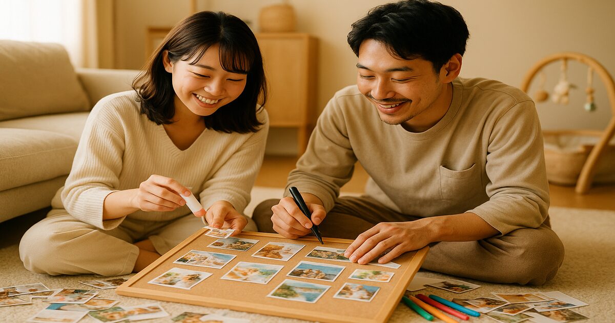 リビングの床でビジョンボードを一緒に作る若い夫婦