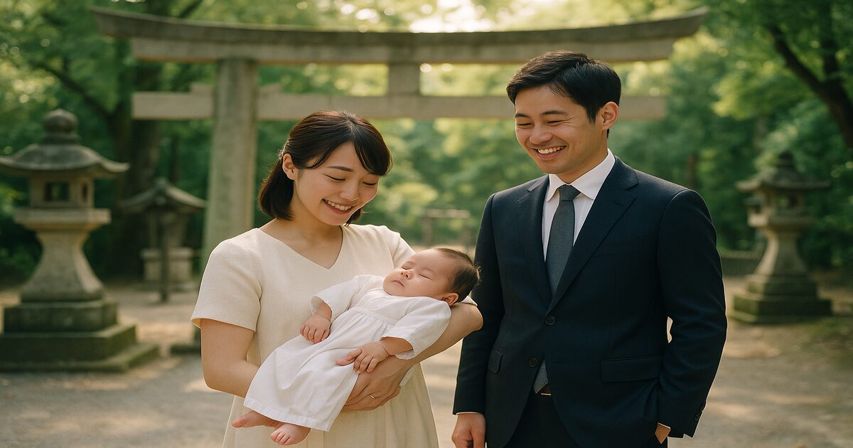 わら天神宮(敷地神社)で祝い着を着た赤ちゃんを抱いてお宮参りをする家族