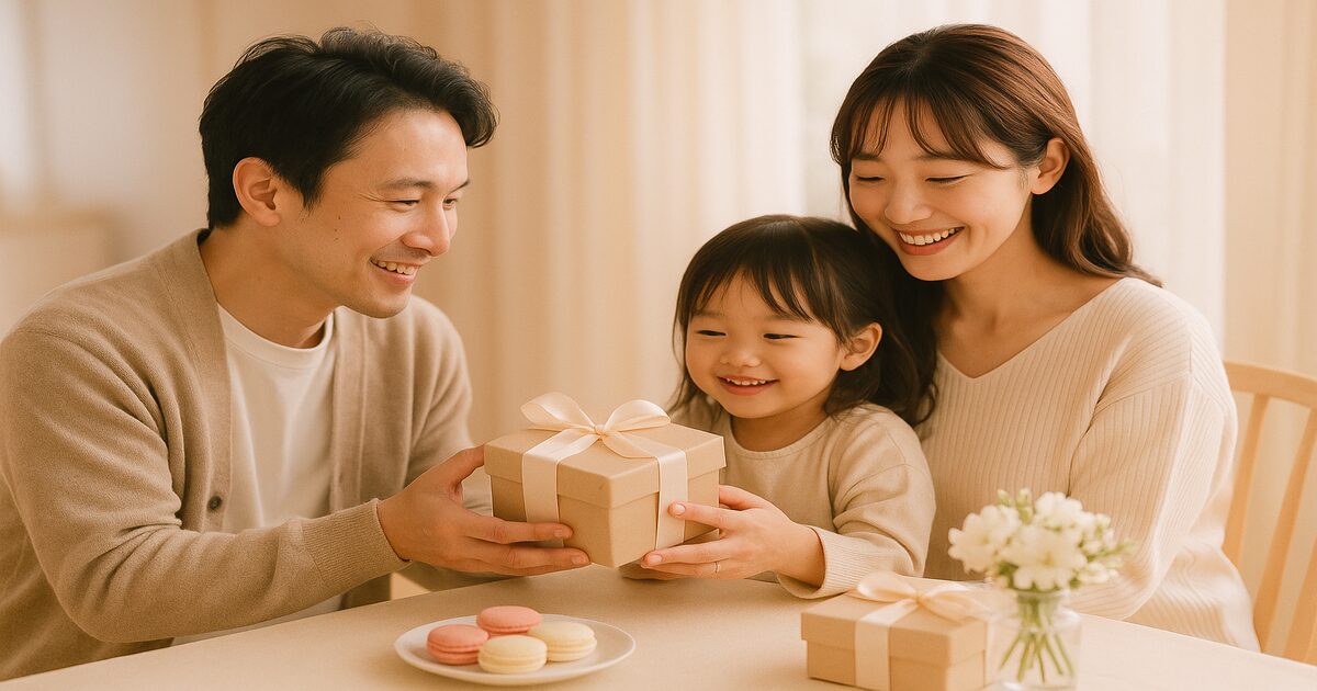 ホワイトデーのプレゼントを手渡す夫と喜ぶ妻と子ども