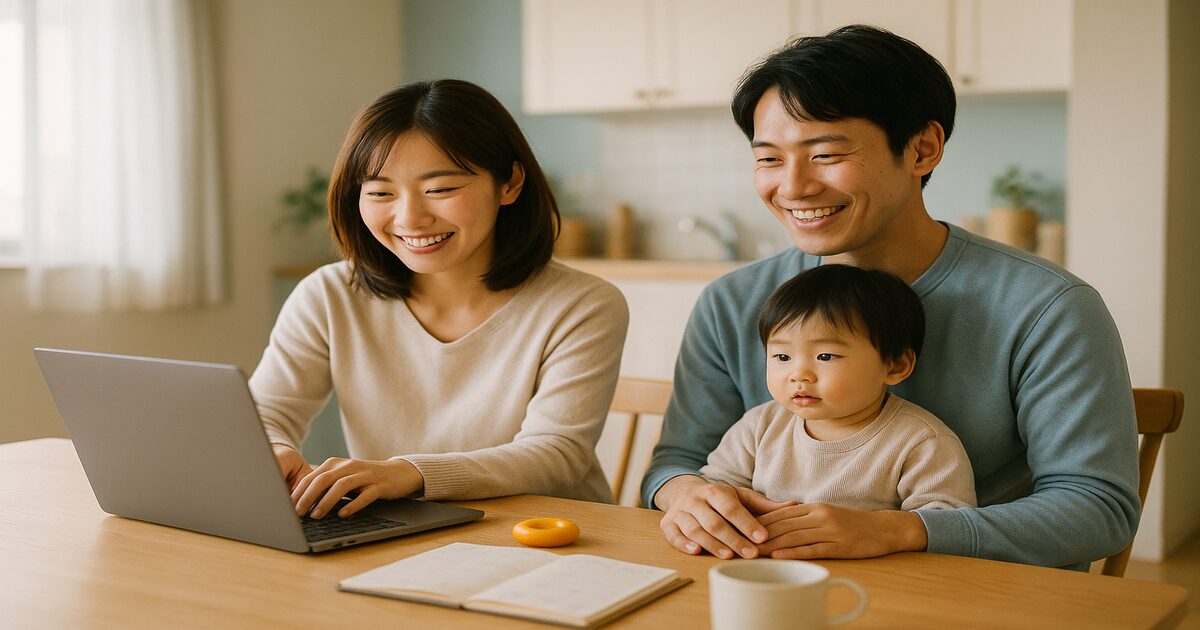 共働き夫婦がリビングでテレワークと育児を両立している様子