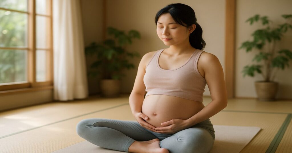 妊婦さんがヨガマットの上でマタニティヨガをしている様子