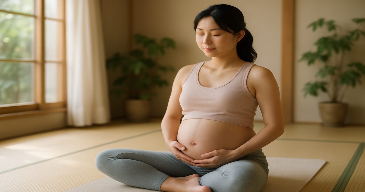 妊婦さんがヨガマットの上でマタニティヨガをしている様子