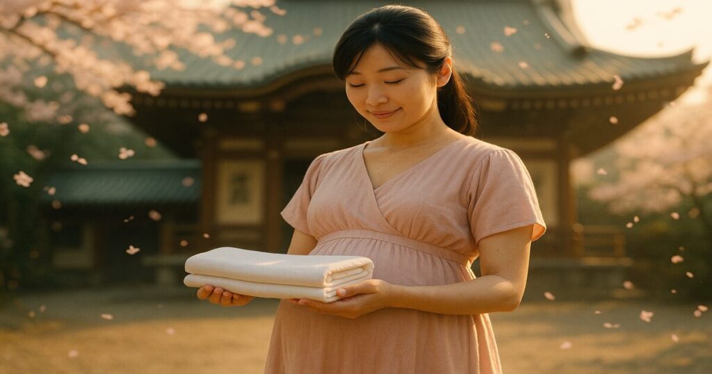 中山寺で安産祈願の腹帯を持つ妊婦さん
